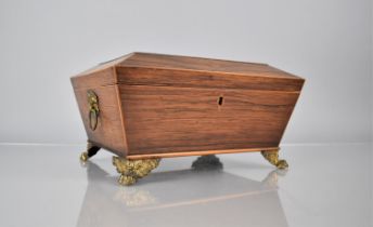 A 19th Century String Inlaid Mahogany Sarcophagus Work Box with Twin Carry Handles on Four Ornate