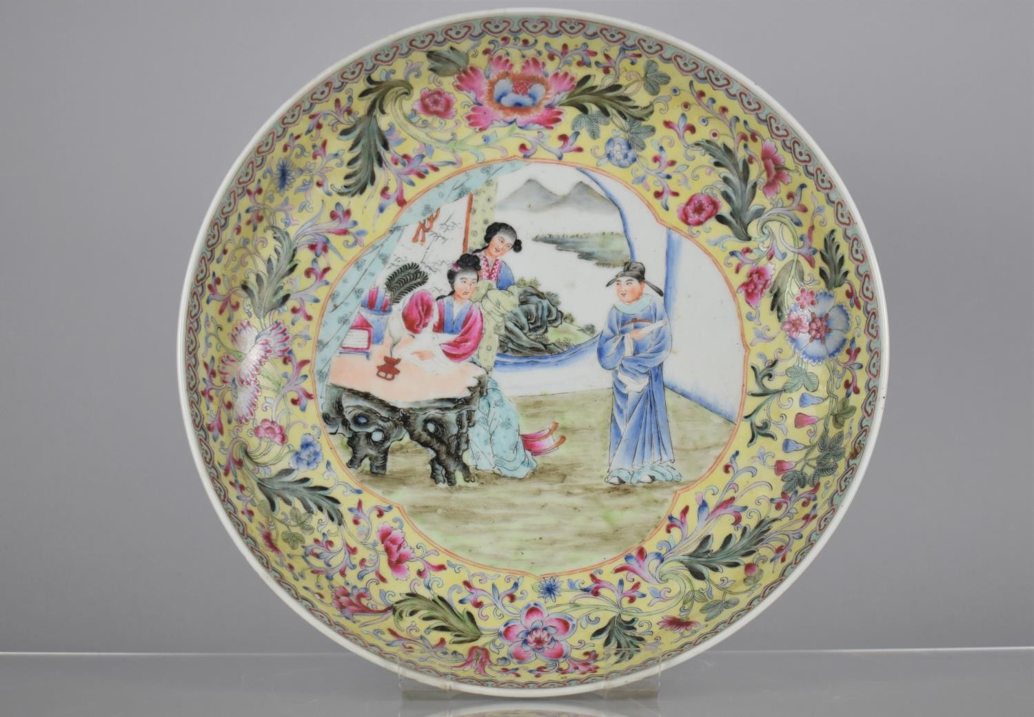 A 20th Century Chinese Porcelain Yellow Ground Charger Decorated in the Famille Rose Palette with - Image 2 of 3