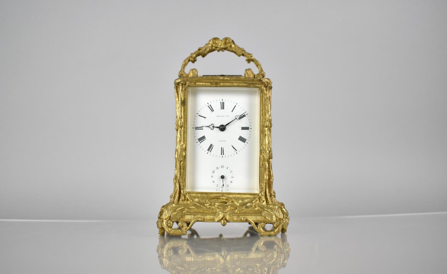 A Late 19th Century Gilt Brass Cased Carriage Alarm Clock by Hottot Paris, The Case with Moulded
