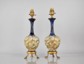 A Pair of Early 20th Century Doulton Lambeth Vase of Bottle Form with Flared Elongated Neck,