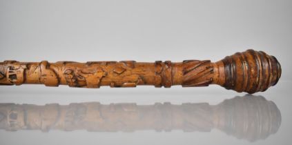 A 19th/20th Century Carved Soft Wood Stick Carved in Relief with Various Animals, Birds, Insects and