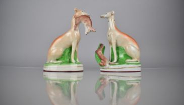 A Pair of 19th Century Staffordshire Models of Greyhounds, Both Seated Position, One with Hare in