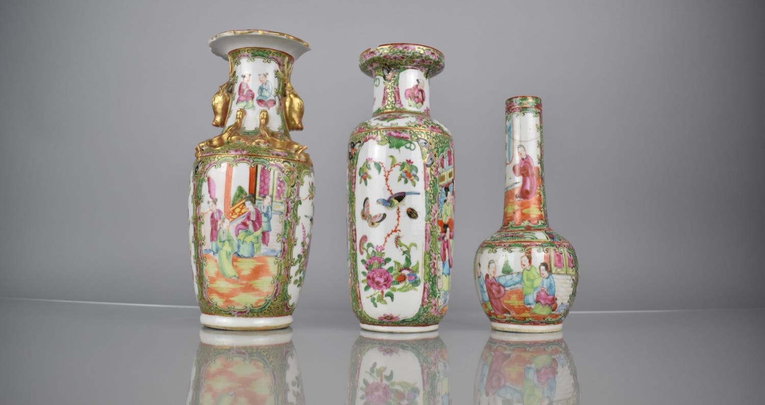 Three 19th Century Chinese Porcelain Famille Rose Vases to Comprise Bottle Vase, Rouleau Vase and