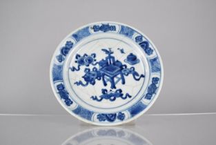 A Chinese Porcelain Blue and White Crackle Glazed Plate Decorated with Precious Objects, Scrolls