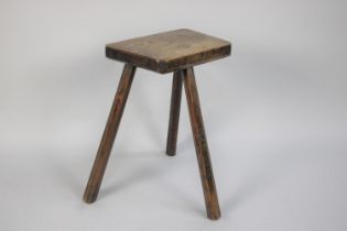 A 19th Century Primitive Welsh Ash Work Stool with Solid Plank Top over Three Chamfered Tapering