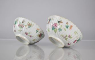 A Pair of 19th/20th Chinese Porcelain Bowls of Reeded Form Decorated in the Famille Rose Palette
