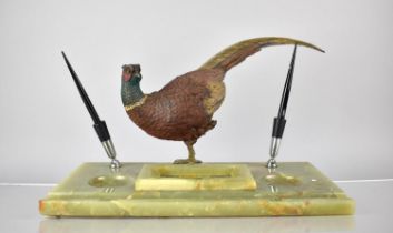 A Large Early 20th Century Cold Painted Bronze Cock Pheasant Mounted in Rectangular Fitted Desk