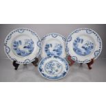 Three 19th Century English Delft Tin Glazed Plates Decorated with River Village Scene and Willow