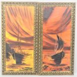 A Pair of Gilt Framed Oils on Board, Fishing Boats, 29x70cms