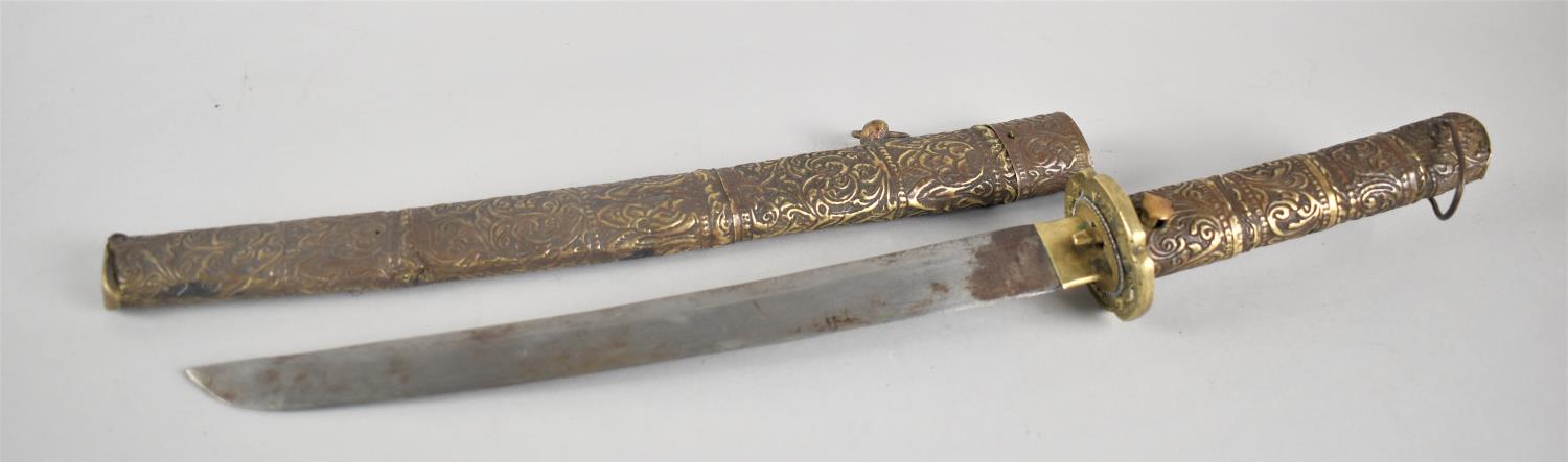 A Vintage Japanese Tanto with Brass Hilt and Scabbard decorated in Floral Motif, Steel Blade,