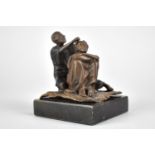 A Bronze Figural Study of Barber and Client Sat on Rug Set on Square Slate Base, 8cms High