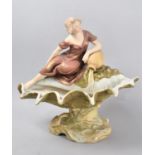 A Royal Dux Figural Bowl Modelled as a Reclining Maiden on an Large Clam Shell whilst Emptying an