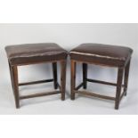A Pair of Edwardian Leather Upholstered Stools, on Tapering Legs with Square Supports, 48x46cm high