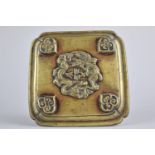 A Chinese Bronze Tray of Stepped Square Form with Calligraphy Verses to Top and Dragons in Relife