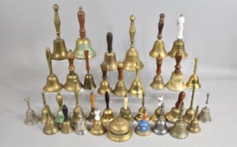 A Large Collection of Various Vintage and Later Hand Bells to Include Some with Wooden Handles etc