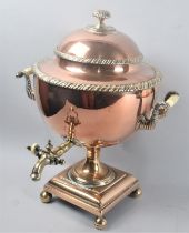 A Late Victorian Copper and Brass Samovar to Two Handled Urn Form on Square Plinth Base with Four