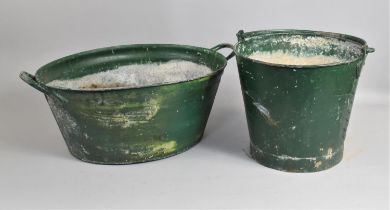 A Vintage Green Painting Galvanised Oval Twin Handled Bath together with a Bucket