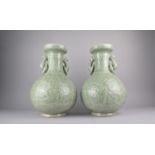 A Large Pair of Celadon Vases of Bottle with Twin Zoomorphic Ring Handles and Decorated in Shallow