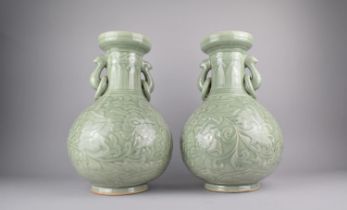 A Large Pair of Celadon Vases of Bottle with Twin Zoomorphic Ring Handles and Decorated in Shallow