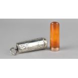 A Silver Cased 9ct Gold Mounted Amber Cheroot, the Case with Chester Hallmark, 5cm long