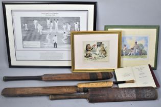 A Collection of Various Cricketing Ephemera to include Three Vintage Bats, Miniature Souvenir Bat