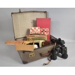 A Vintage Traveling Vase Containing Various Items to Comprise Binoculars, Chess, Radio etc