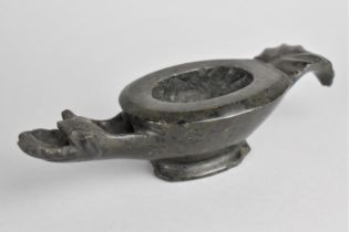 A Carved Polished Stone Oil Lamp with Dragons Head Spout, Some Chips to Base Tail and Spout
