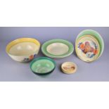 A Collection of Various Clarice Cliff Pottery to include Crocus Bizarre Large Bowl, Dish, Plates,