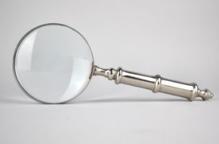 A Modern Large Desktop Magnifying Glass with Silver Plated Turned Handle and Frame, 26cms Long