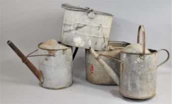 Two Vintage Galvanised Iron Mop Buckets together with Two Watering Cans