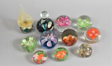 A Collection of Various Glass Paperweights to Include Floral Examples etc Together with a Mtarfa