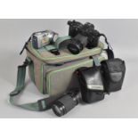 A Canvas Camera Bag Containing Canon EOS 500 Camera, Ultra Compact Sunagor MC Auto Zoom AT2-200mm
