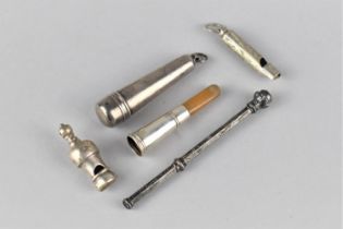 Two White Miniature Whistles Together with a Silver Cased Amber and Silver Cheroot and a Silver
