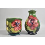 Two Pieces of Moorcroft, Footed Pot and a Lamp Base (AF), Hibiscus Pattern on Green Ground