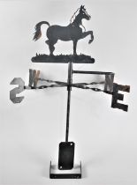 A Late 20th Century Black painted Wrought Iron Weather Vane with Trotting Horse Top, 77cms High