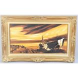 A Gilt Framed Oil on Board Depicting Beached Fishing Boat at Sunset, 75x39cms