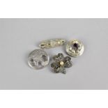 Four Various Silver Brooches to Comprise Silver Dragon and Harp, Scottish Thistle, Clover etc