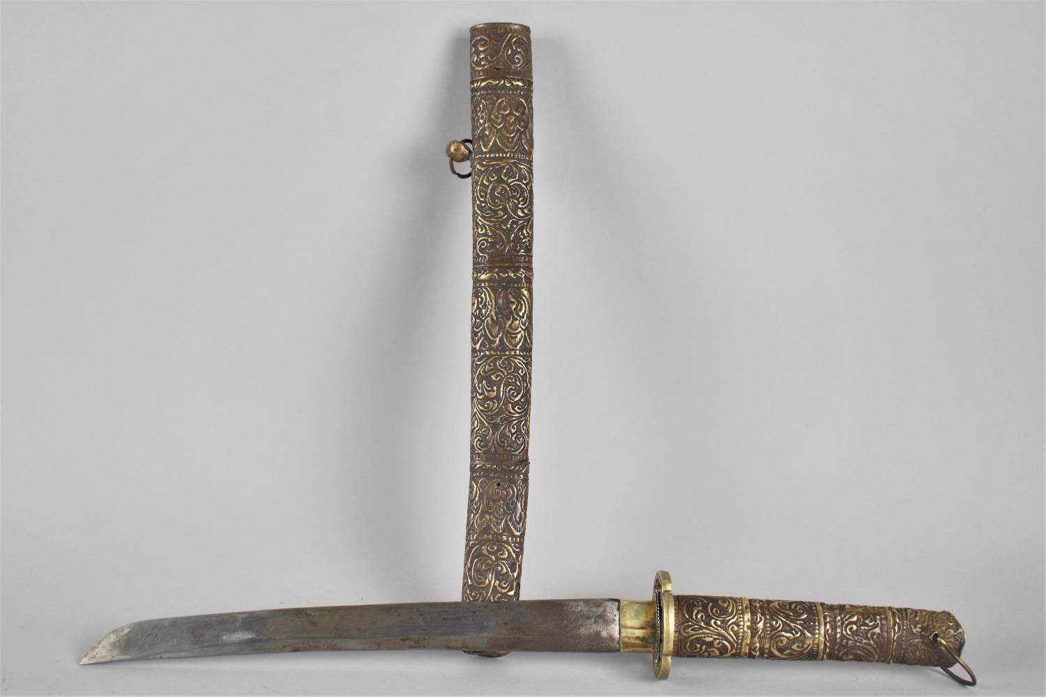 A Vintage Japanese Tanto with Brass Hilt and Scabbard decorated in Floral Motif, Steel Blade, - Image 2 of 4