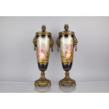A Pair of Sevres Style Porcelain Gilt Bronze Mounted Pot Pourri Vases of Slender form with Lion Mask