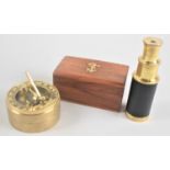 A Small Reproduction Two Drawer Telescope in Wooden Box with Inlaid Brass Anchor to Lid together
