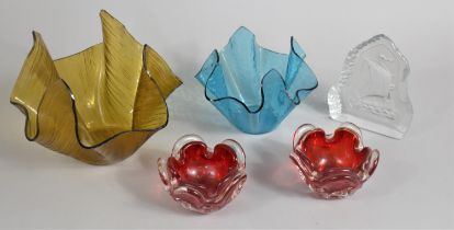 A Collection of Various Coloured and Plain Glass to Comprise Handkerchief Bowls, Shaped Ashtrays etc