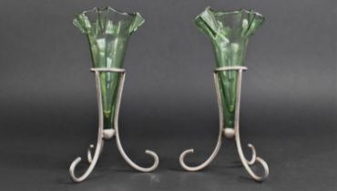Pair of Edwardian Silver Plated and Green Glass Trumpet Epergnes, 16.5cm High