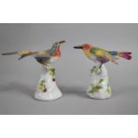 A Pair of Continental Porcelain Birds, Modeled Perching on Branch Decorated in Polychrome Enamels,