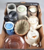 A Collection of Ceramics and Glass to Include Jelly Mould, Kleen Kitchenware Storage Jar, Teapots