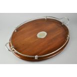 An Edwardian Oval Mahogany Presentation Tray with Silver Plated Gallery and Engraved Escutcheon '