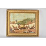 A Gilt Framed Edwardian Lithograph Depicting Two Dogs Fighting Over Straw Bonnet Whilst Courting