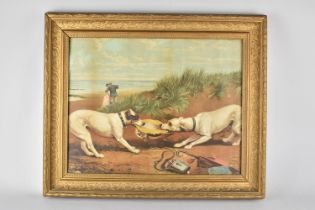 A Gilt Framed Edwardian Lithograph Depicting Two Dogs Fighting Over Straw Bonnet Whilst Courting