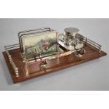An Edwardian Desktop Ink and Stationery Stand with Silver Plated Gallery, Letter Rack and Pen