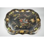 A Large 19th Century Black Japanned Metal Tray Decorated with Holly and Exotic Birds, 68cms by 53cms