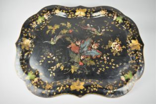 A Large 19th Century Black Japanned Metal Tray Decorated with Holly and Exotic Birds, 68cms by 53cms